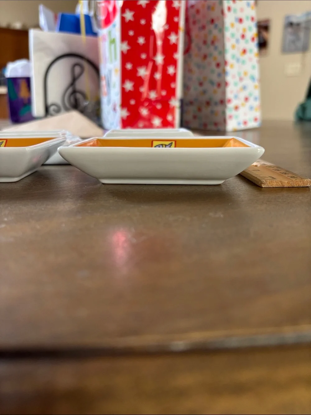 Set of 4 Orange & White Sushi spy/wasabi Dishes 2.5x1.75”